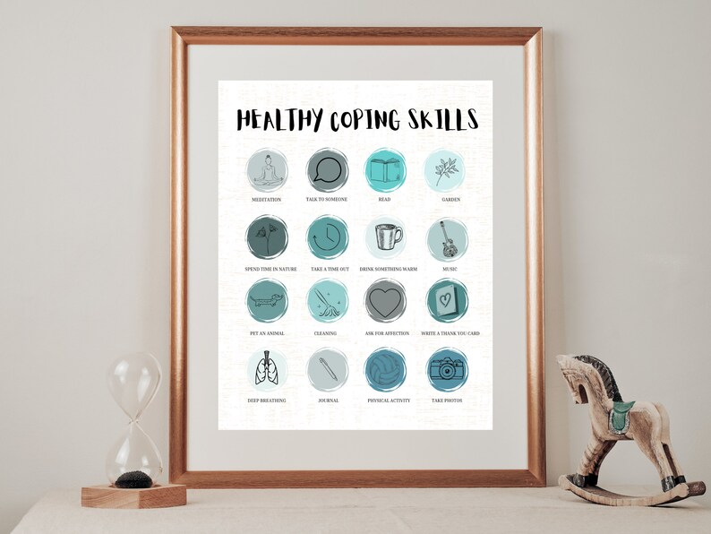 May include: A printable poster with the title "Healthy Coping Skills" and a list of 16 coping skills illustrated with icons. The icons are in shades of blue and green.
