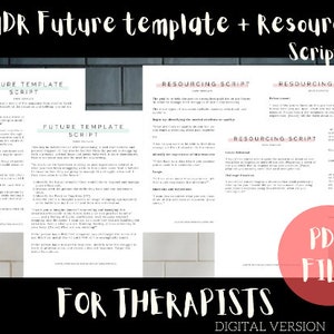 Pu&ograve; includere: Un download digitale di modelli di script EMDR per il futuro e script di risorse per i terapeuti. L'immagine mostra uno sfondo bianco con una sovrapposizione di testo rosa e bianco che dice "File PDF" e "Per i terapeuti".