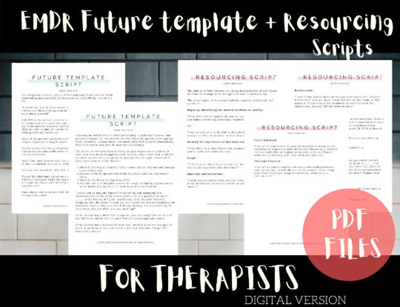 Pu&ograve; includere: Un download digitale di modelli di script EMDR per il futuro e script di risorse per i terapeuti. L'immagine mostra uno sfondo bianco con una sovrapposizione di testo rosa e bianco che dice "File PDF" e "Per i terapeuti".