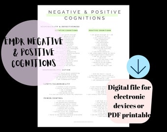 EMDR Negative and Positive Cognition List for Therapists | EMDR Therapy Resources | EMDR Worksheet | Therapy Handout
