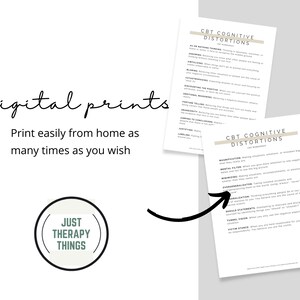 Puede incluir: Dos hojas de trabajo imprimibles con el t&iacute;tulo "Distorsiones Cognitivas CBT" y una lista de distorsiones cognitivas. Las hojas de trabajo est&aacute;n en blanco y negro con un fondo beige. El texto "impresiones digitales" est&aacute; escrito en cursiva negra sobre un fondo blanco. El texto "Imprima f&aacute;cilmente desde casa tantas veces como desee" est&aacute; escrito en negro sobre un fondo blanco. Un logotipo para "Just Therapy Things" est&aacute; en un c&iacute;rculo con un fondo verde y texto blanco.
