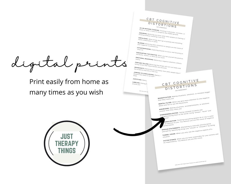 Puede incluir: Dos hojas de trabajo imprimibles con el t&iacute;tulo "Distorsiones Cognitivas CBT" y una lista de distorsiones cognitivas. Las hojas de trabajo est&aacute;n en blanco y negro con un fondo beige. El texto "impresiones digitales" est&aacute; escrito en cursiva negra sobre un fondo blanco. El texto "Imprima f&aacute;cilmente desde casa tantas veces como desee" est&aacute; escrito en negro sobre un fondo blanco. Un logotipo para "Just Therapy Things" est&aacute; en un c&iacute;rculo con un fondo verde y texto blanco.