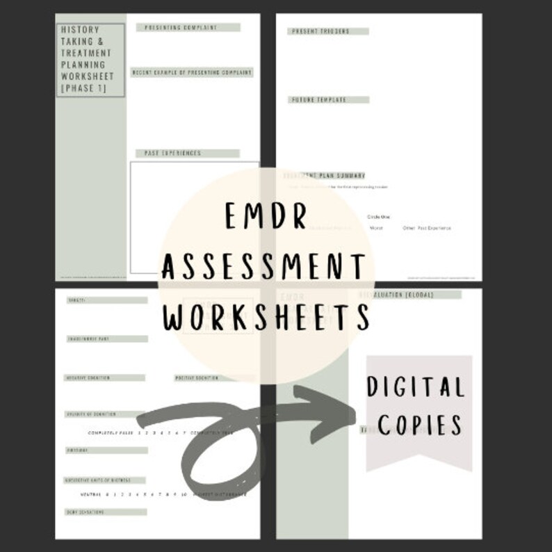 Pu&ograve; includere: Un download digitale di fogli di lavoro stampabili per la valutazione EMDR. I fogli di lavoro sono progettati per aiutare le persone a elaborare esperienze traumatiche e sviluppare meccanismi di coping. I fogli di lavoro sono disponibili in formato digitale, quindi puoi stamparli a casa o in ufficio.