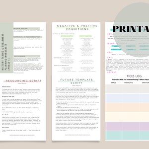 May include: Printable worksheets for cognitive behavioral therapy (CBT) with sections for negative and positive cognitions, a future template script, a resourcing script, and a tices log.