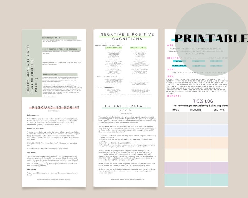 May include: Printable worksheets for cognitive behavioral therapy (CBT) with sections for negative and positive cognitions, a future template script, a resourcing script, and a tices log.