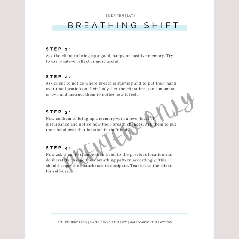 Może przedstawiać: Drukowana karta pracy zatytułowana "Breathing Shift" i czterema krokami ćwiczenia oddechowego. Kroki są ponumerowane od 1 do 4 i opisują, jak wykorzystać oddech, aby przejść od negatywnego do pozytywnego stanu emocjonalnego.