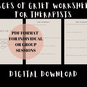 May include: A digital download of printable worksheets for therapists to help clients process grief. The worksheets are in PDF format and can be used for individual or group sessions. The image shows a pink circle with the text "PDF Format for Individual or Group Sessions" and two worksheets with questions about grief.