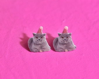 Cat Birthday Earrings, Cat in a Party Hat Earrings, Gift for Cat Lovers, Grey Cat Jewelry, Cute Cat Studs, Whimsical Cat Earrings