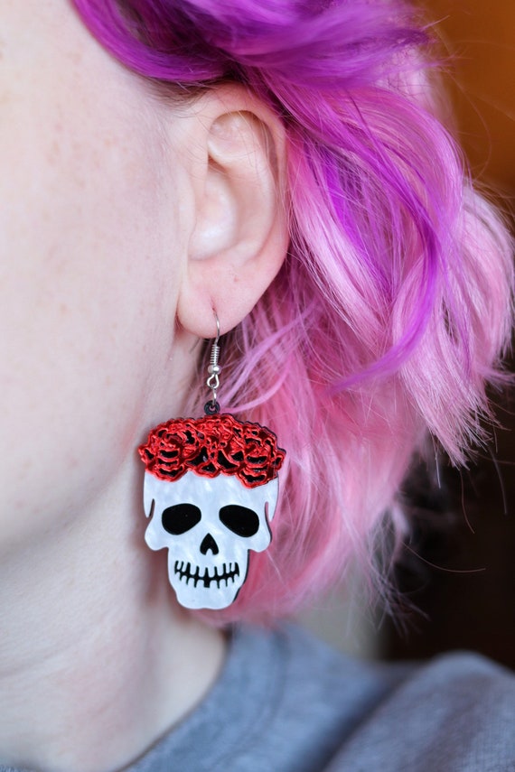 Floral Skull Drop Earrings Funky Skeleton Dangles Skull and | Etsy