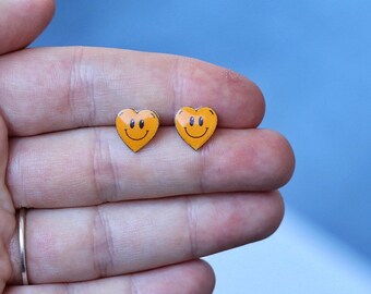 Smiley Face Heart Earrings, Smiley Face Studs, Smile Earrings, Heart Emoji Earrings, Yellow Smiley Face Earrings, Happy Face Stud Earrings