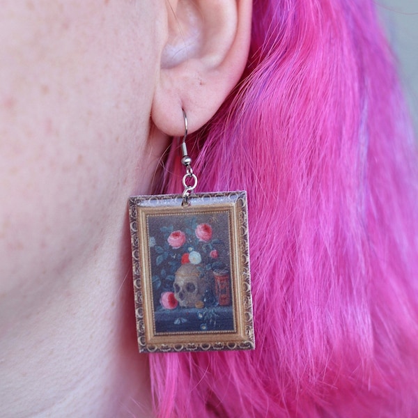 Dark Academia Earrings, Gothic Floral Earrings, Vanitas Still Life, Famous Painting Earrings, Painter Jewelry,Skull and Flowers Art