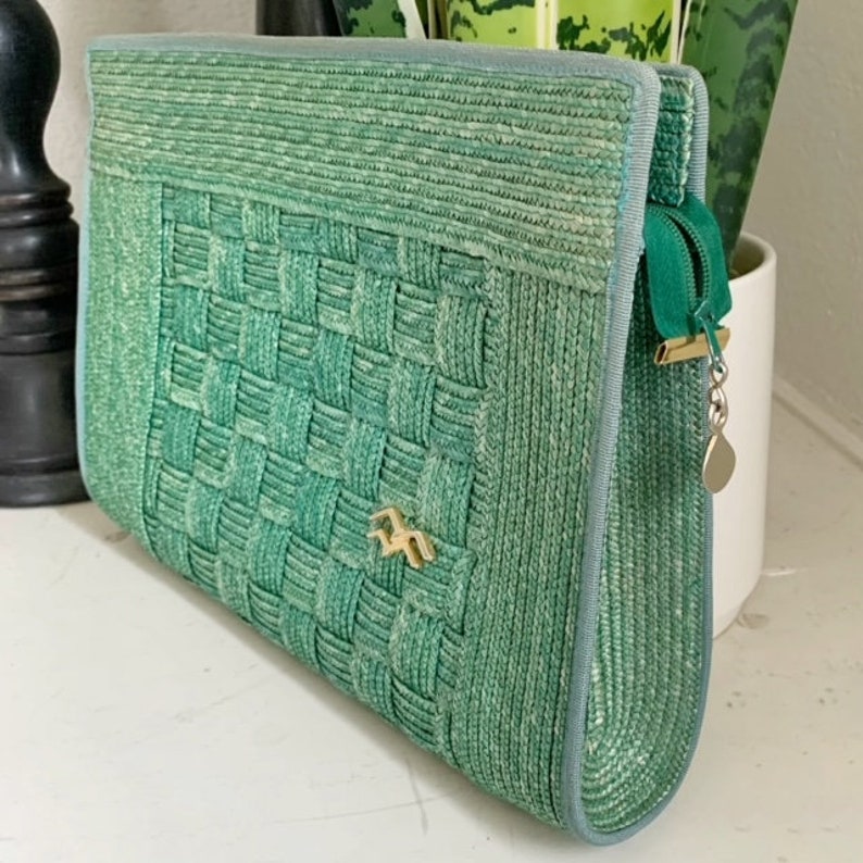 Vintage Italian Basket Weave Green Envelope Clutch Summer Etsy