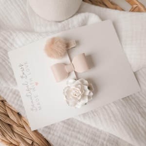 Baby hair clips | flower hair clip | small hair bows | first clips | white hair clips | beige clips | lined clips | pink bows | infant clips