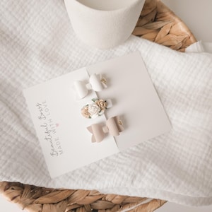 Neutral baby hair clips, small hair bows, suede hair bows, white toddler hair bows, minimalist hair clips, flower clips, brown hair bows