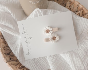 Fully-Lined Velvet Beige Daisy Baby Hair Clip Set Of 2  | Small First Clips
