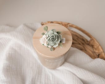 Sage & White Flower Hair Clip: Velvet Part-Lined Alligator Clip