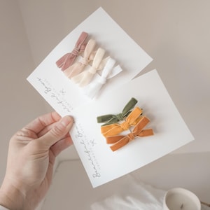 May include: Two sets of handmade velvet bows in various colors, including pink, cream, white, olive green, and orange. Each set is displayed on a white card with the text "Beautiful Bows" in cursive.