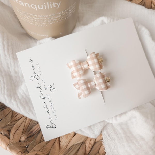 Gingham Baby Hair Bows | Beige & Dusty Rose Alligator Clips