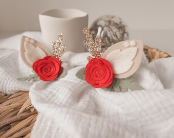 Reindeer Hair Clip or Headband | Glitter Antlers, Wool Felt Ears