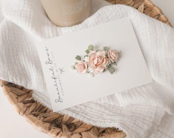 Blush & White Flower Hair Clip: Green Foliage, Velvet- Part Lined Alligator Clip