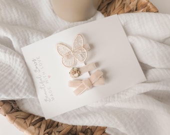 Beige Baby Velvet Hair Clip: Part-Lined Alligator Set - Sold Individually Or As A Set