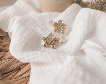Gold & Ivory star hair clip set | Christmas hair clips | small baby hair clips | toddler clips | soft lined clips for babies | fringe clips