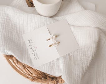 Daisy Flower Hair Clip Set: White & Gold Embroidered Clips