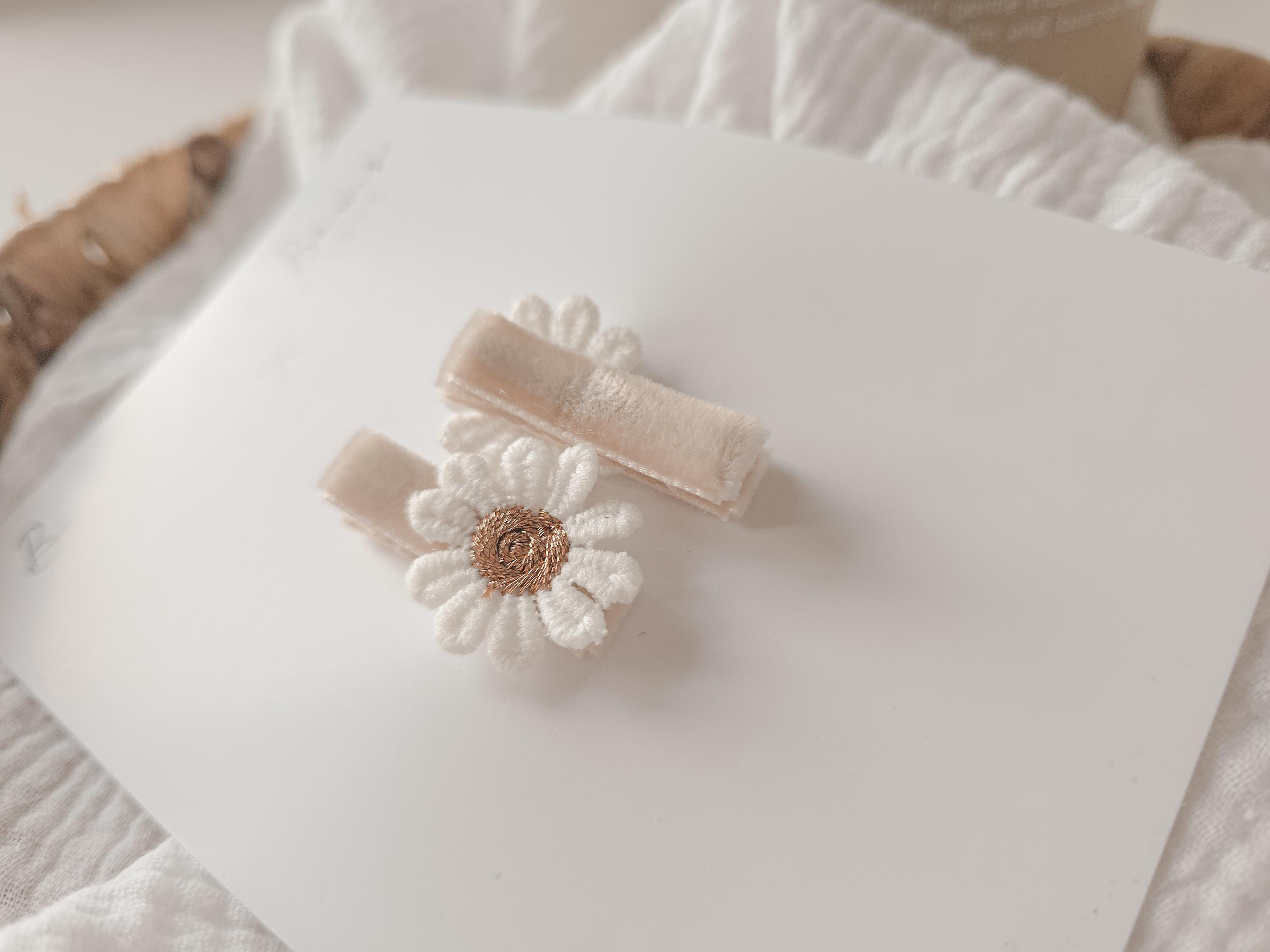First Clips Fully-lined Velvet Beige Daisy Baby Hair Clip Set of 2 | Small First ...