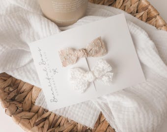 Lace Flower & Beige Hair Bow Clip: Hand-tied on Gold Alligator Clip