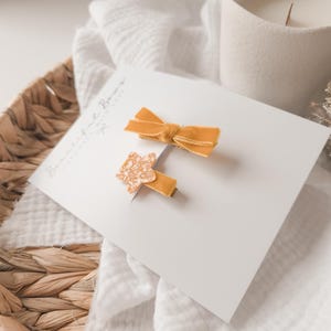 Mustard Velvet Bow & Glitter Star Baby Fall Hair Clip Set: Part-Lined Alligator Clips