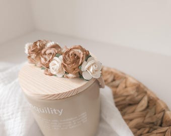 Autumn Flower Headband, Brown & Ivory Paper Roses, Baby Girl Crown