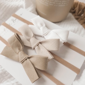 Linen hair bows clip or headband | beige hair bows | white newborn baby headbands | small hair bows | brown hair bows | baby hair bows |