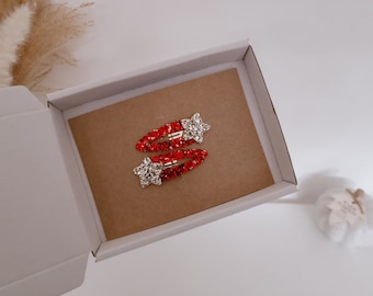 Christmas Glitter Star Snap Clips: Red & Gold Hair Clips - Set of 2