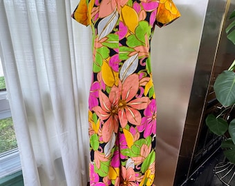 Vintage 1960s palazzo jumpsuit, orange, coral, hot pink, green and black tropical, bold flowers print, wide leg, modern size 4 (Small)