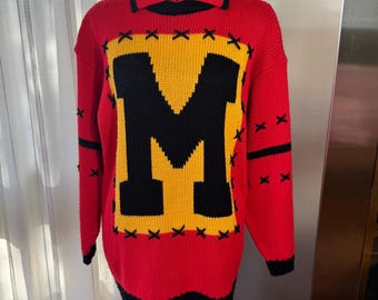 Jersey vintage de los años 80, top oversize rojo, negro y amarillo, costuras decorativas, estilo nostálgico de los 80, Michel Sport, talla moderna 12/14 (L).