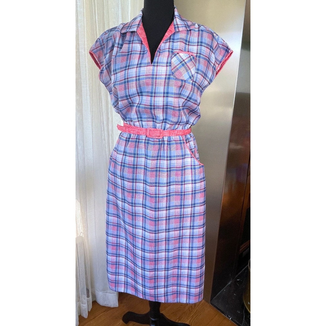 VINTAGE 60s 70s ABSTRACT SHIFT DRESS RED PURPLE BLUE GOLD WHITE COLLAR 14