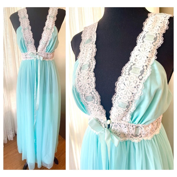 Vintage 50s night dress, by Linda Underlovelies slip on nightgown, light turquoise sheer negligee, 1950s honeymoon nightgown