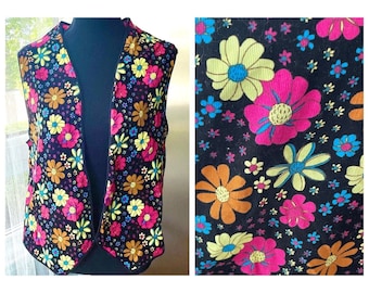 Vintage hippie vest, flower power vest, pinwale corduroy hippie vest, XL crazy daisies hot pink, modern size XL