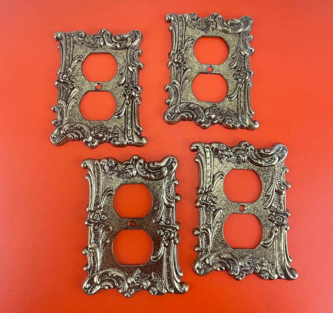 Vintage 70s Outlet Cover, Brass Colored Rococo Ornate Electrical Outlet Cover, Salvaged Metal