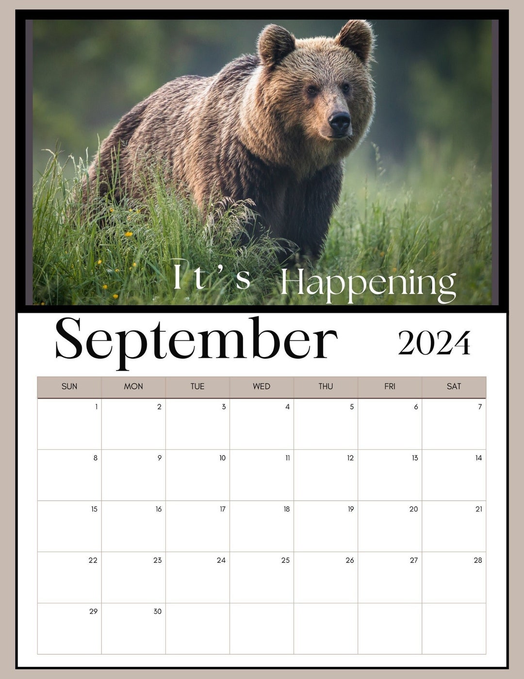 Printable Bear 2024 Calendar L Fun Bear Calendar Printable L Etsy