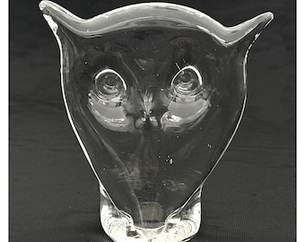 Vintage Clear Crystal Glass Owl Paperweight MCM 4.25"