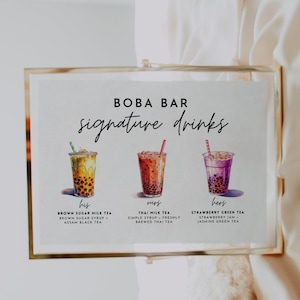Boba Bar Hochzeitsschild, Signatur-Getränk-Zeichen, Milch-Tee-Bar-Menü-Vorlage, modernes bearbeitbares Bubble Tea-Getränk-Menü, Hochzeits-Bar-Tisch-Menü-Zeichen