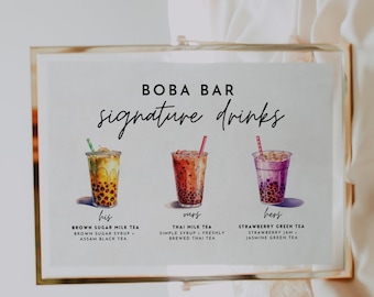 Boba Bar Wedding Sign, Signature Drink Sign, Milk Tea Bar Menu Template, Modern Editable Bubble Tea Drink Menu, Wedding Bar Table Menu Sign