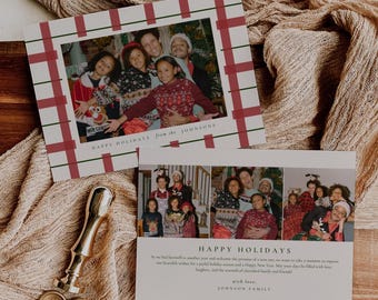 Vintage Plaid Holiday Card Template, Photo Holiday Card Template, Stripes Holiday Card, Christmas Card Editable, Photo Christmas Card