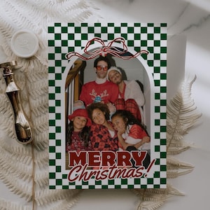 Gingham Ribbon Christmas Card Template, Editable Minimalist Bow Holiday Family Photos, Family Photo Christmas Card, Family Holiday Card