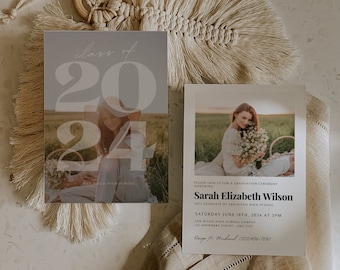 Modern Minimalist Class of 2024 Graduation Announcement Card, Editable Grad Photo Invitation Template, Printable Senior Announcement Card