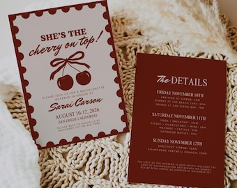 Cherry on Top Bachelorette Party Invitation Template, Whimsical Cherry in Love Bach Party, Editable Cherry Girls Hen Party Travel Itinerary