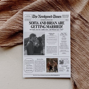 Könnte beinhalten: Eine schwarz-weiße Zeitungsanzeige für eine Hochzeit. Die Schlagzeile lautet "Sofia und Brian heiraten!" mit dem Untertitel "Zwei Seelen, ein Gelübde, unendliche Liebe... die Wilsons sagen "Ja"". Die Zeitung enthält Details zum Hochzeitstag, der Liebesgeschichte des Paares und einem Hochzeitsfonds.