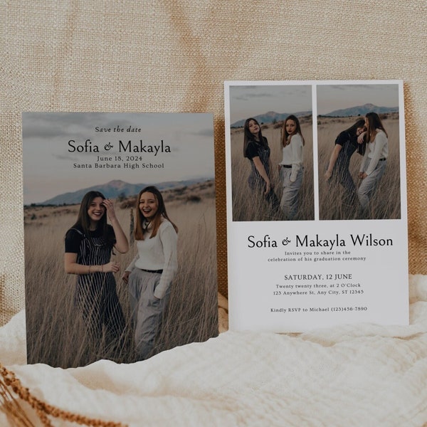 Graduation Announcement Card Template for Twins, Graduation Party Invitation for High School College Grad, Editable Modern Graduation Card