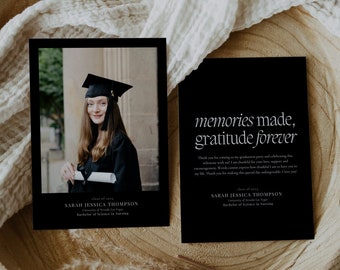 Black Graduation Thank You Card, Printable Graduation Thank you Template, Modern Minimalist Thank You Notes, Editable Graduation Photo Card